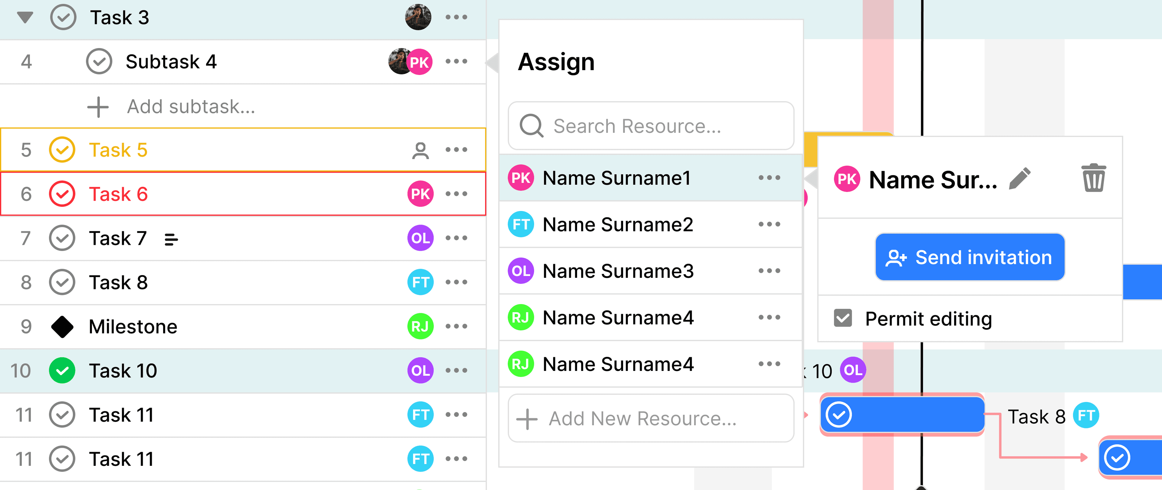 Simple Gantt team collaboration — assigning tasks to team members